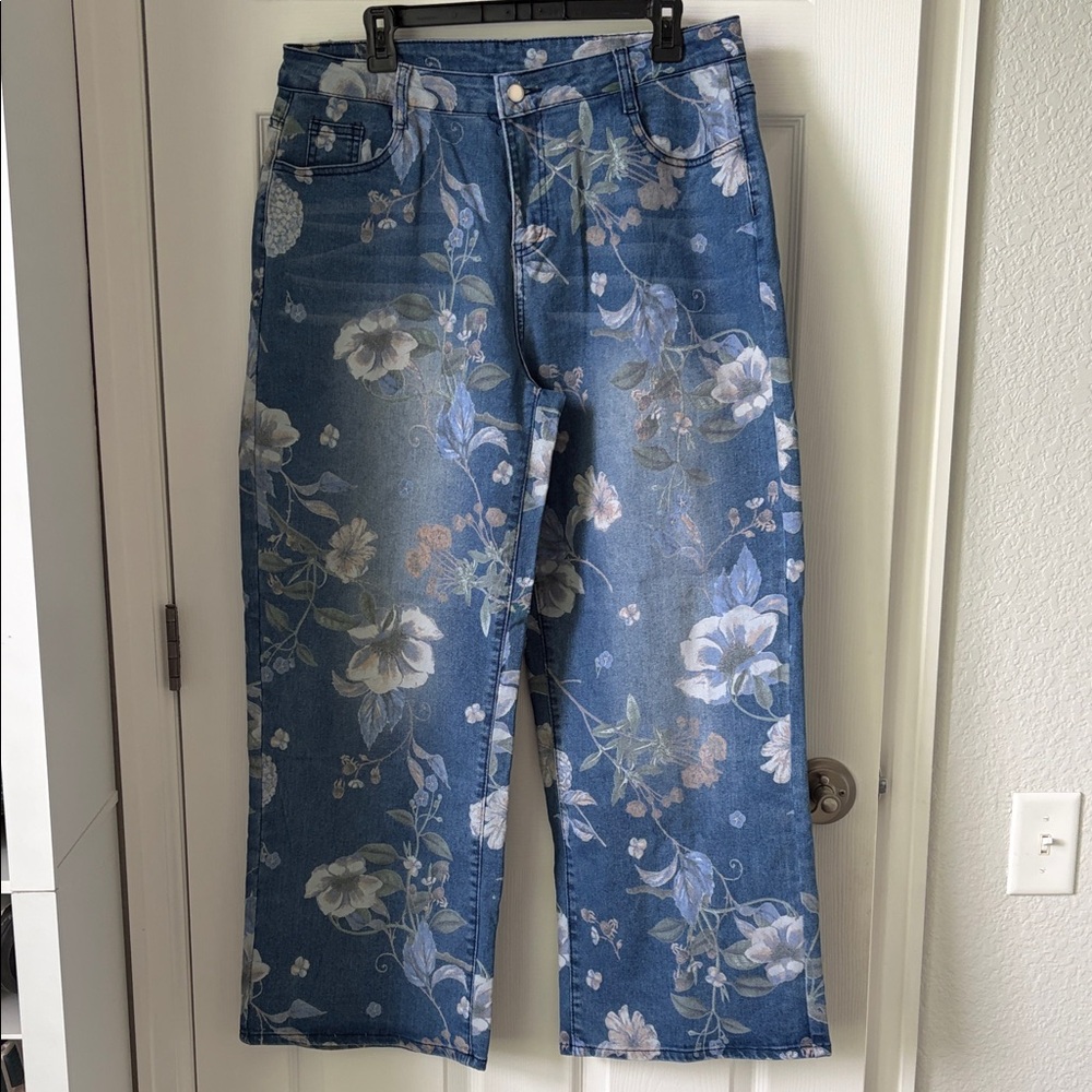 Floral Print Wide Leg Denim Jeans - Blue